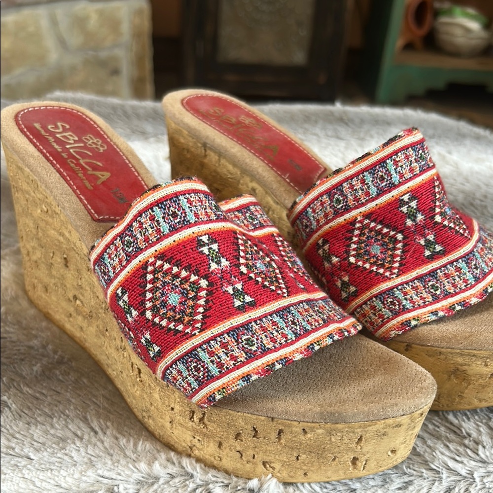 Sbicca Red and Tan Wedge Sandals